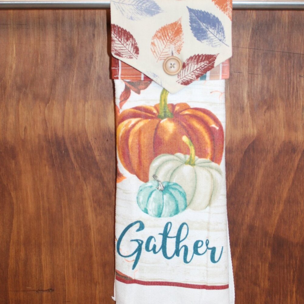 GATHER AUTUMN LEAF PUMPKIN HAND TOWEL HANDMADE HANGING KITCHEN THANKSGIVING